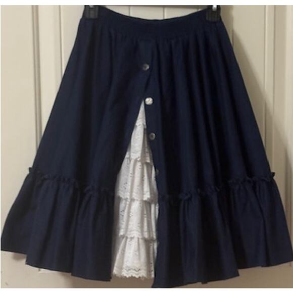 Malco Modes 3 Layer Ruffle Square Dance Rockabella Denim/Lace Skirt S - Picture 5 of 5